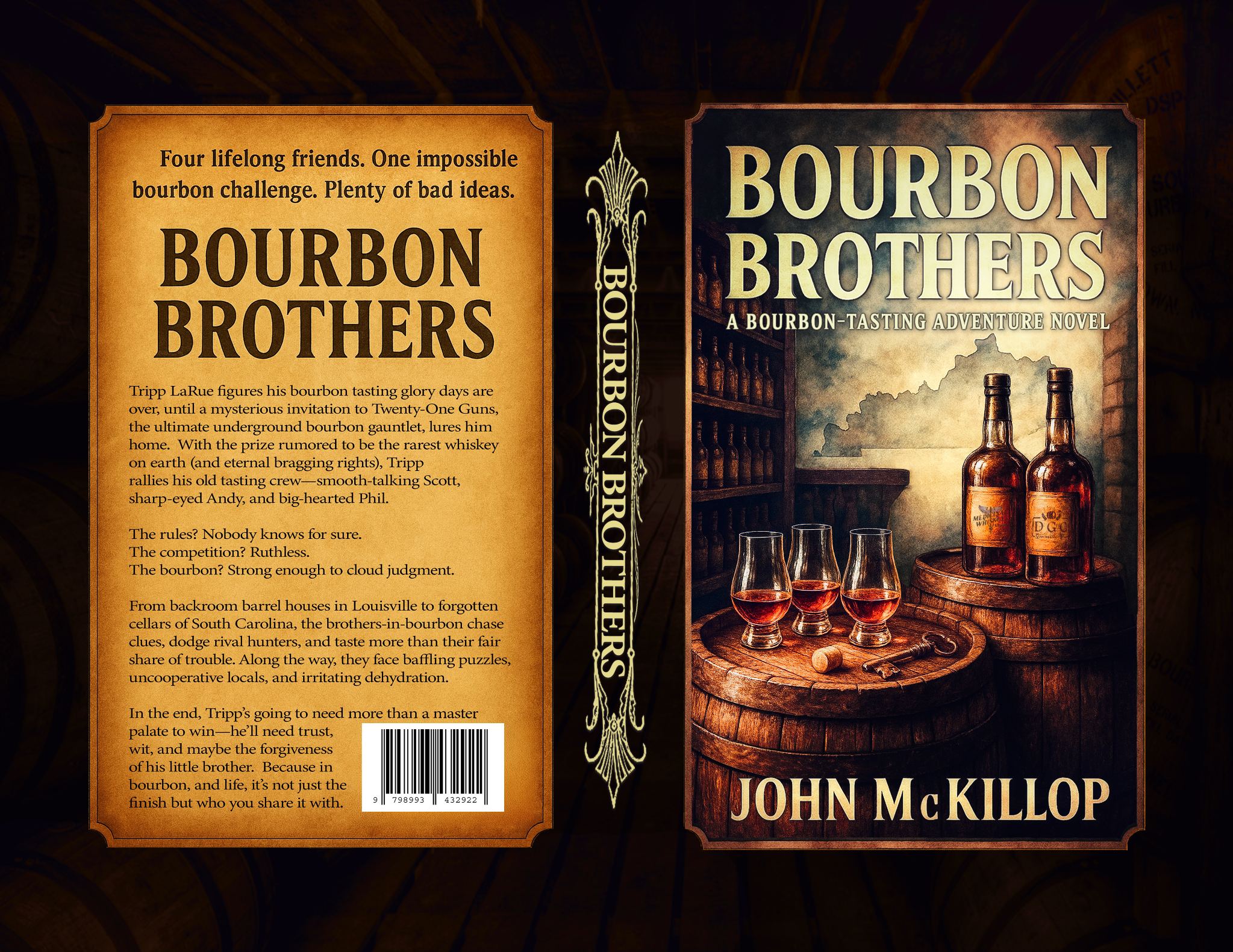 Bourbon Brothers hardcover stacked editions on bourbon shelf