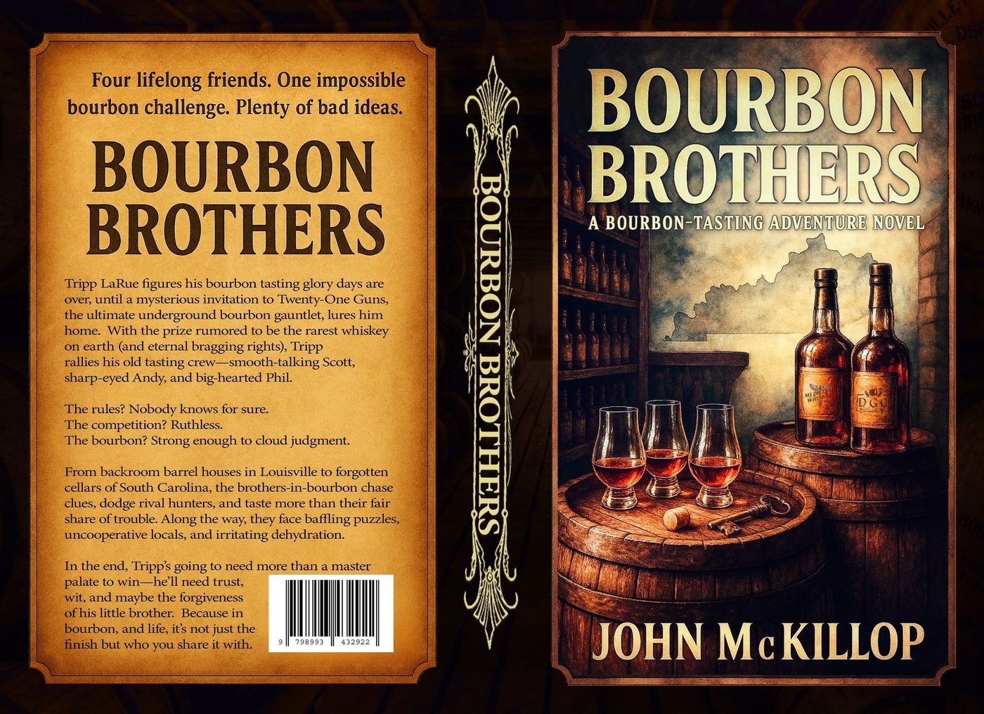 Bourbon Brothers full book wrap — front cover, spine, and back cover synopsis