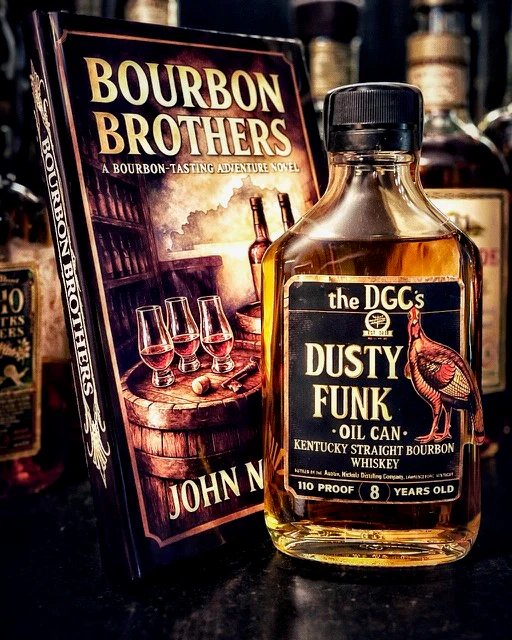DGC Dusty Funk Oil Can Kentucky Straight Bourbon beside Bourbon Brothers novel