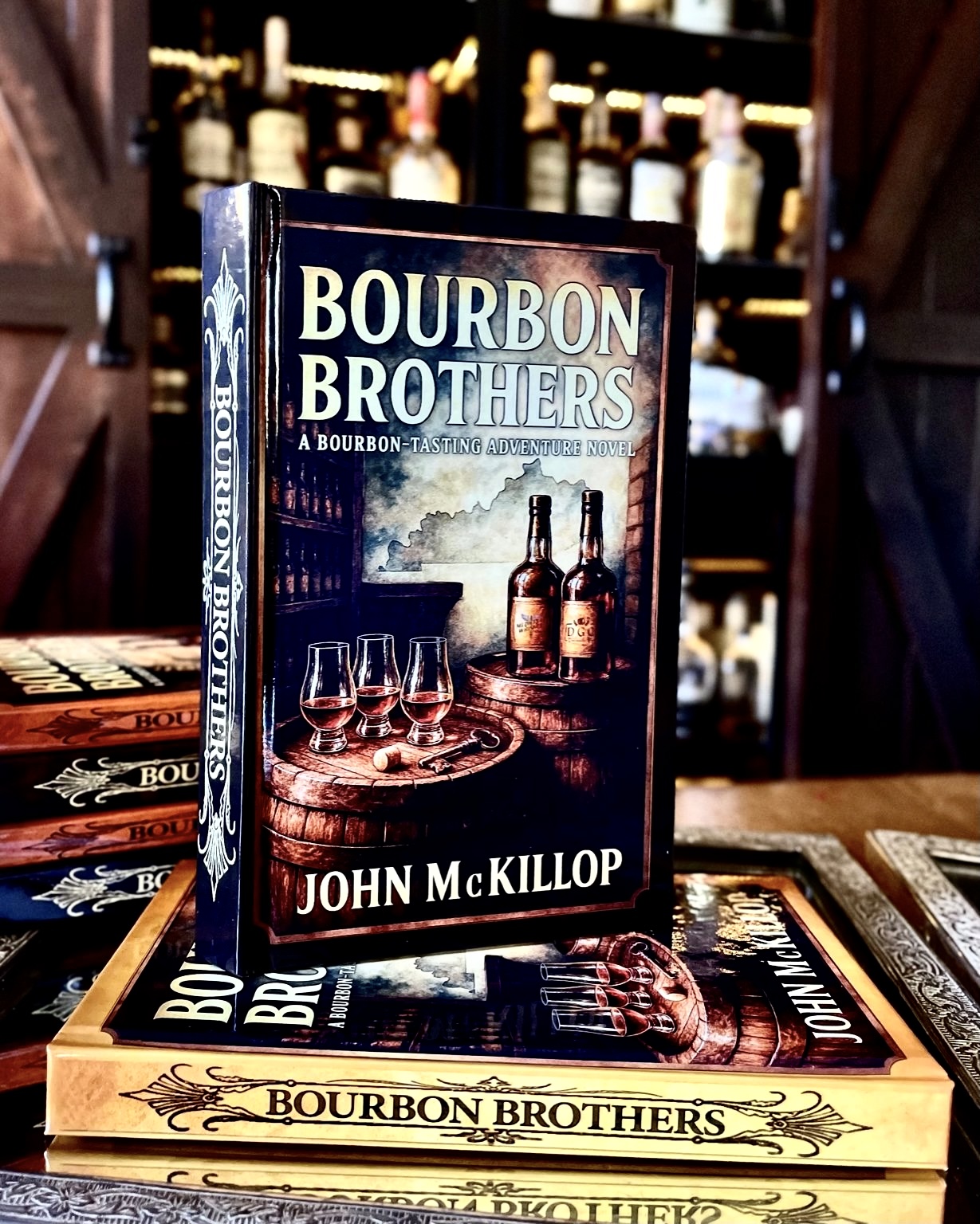 Bourbon Brothers hardcover stacked editions on bourbon shelf